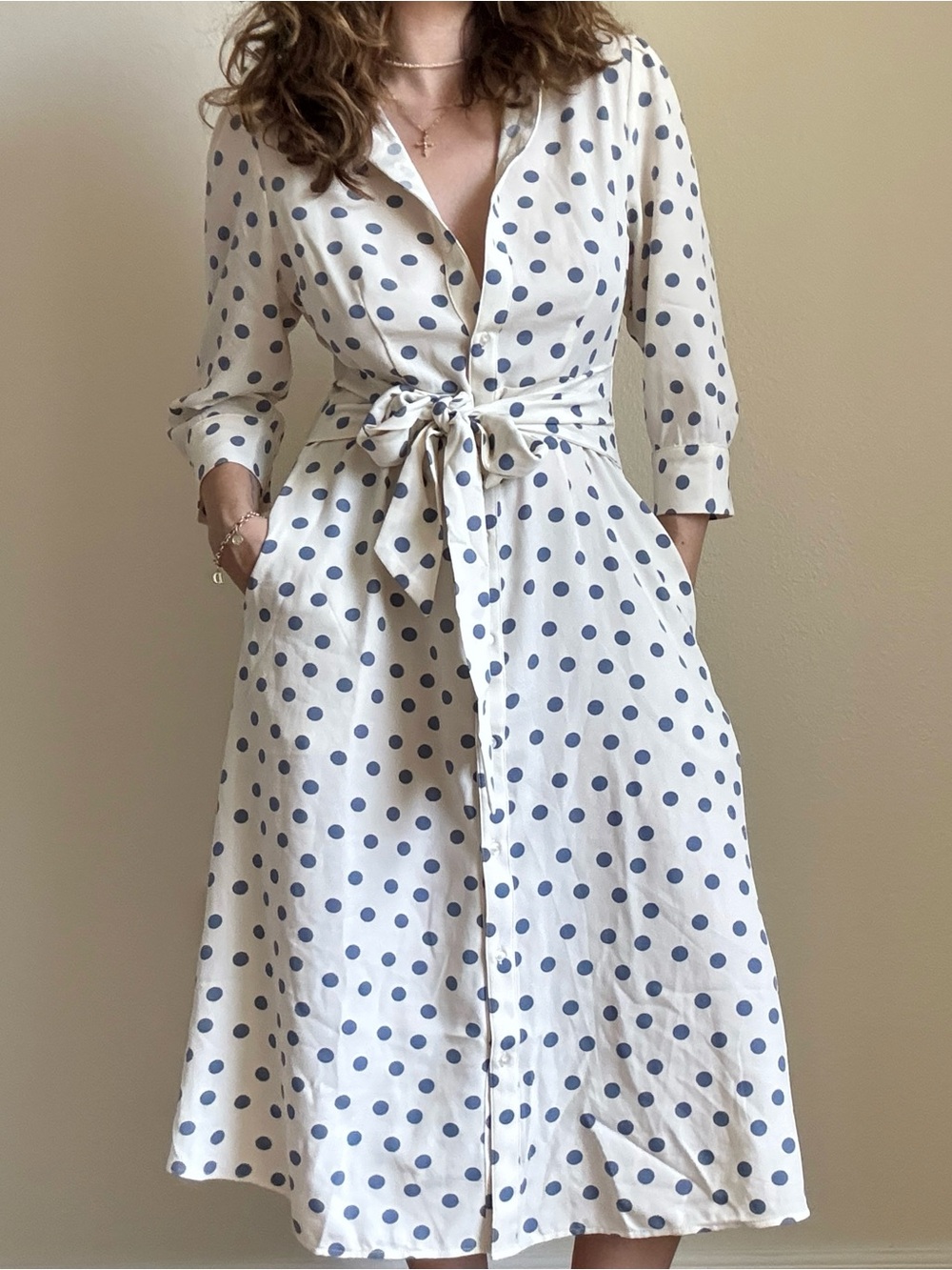 White and Blue Polka Dot Shirt Dress with Tie Waist - Picture 2 of 4